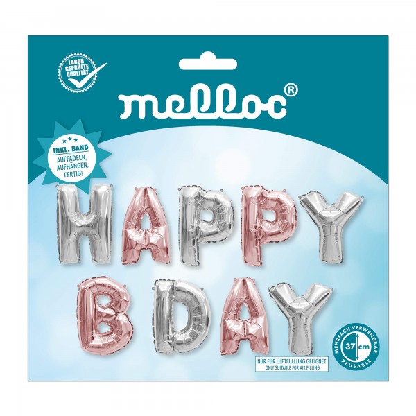 Folienballon Buchstaben Set - Happy B-Day, Silber / Roségold