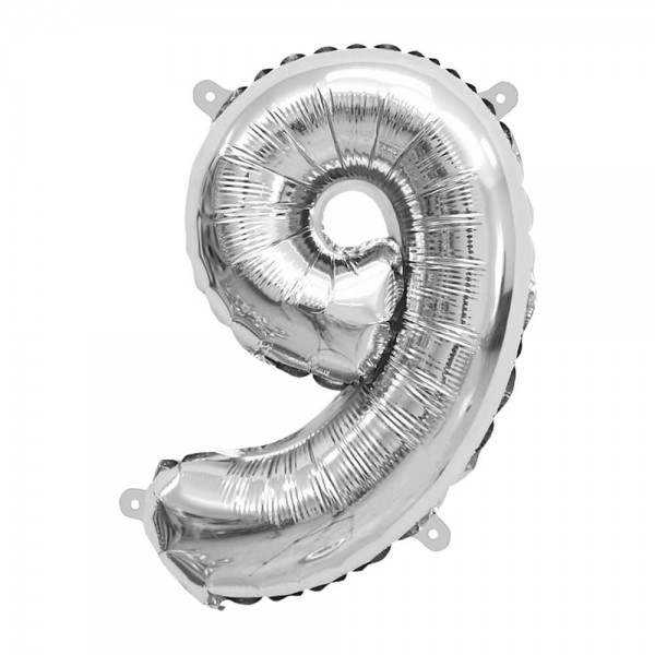 Folienballon Zahl 9 - Silber, 37 cm