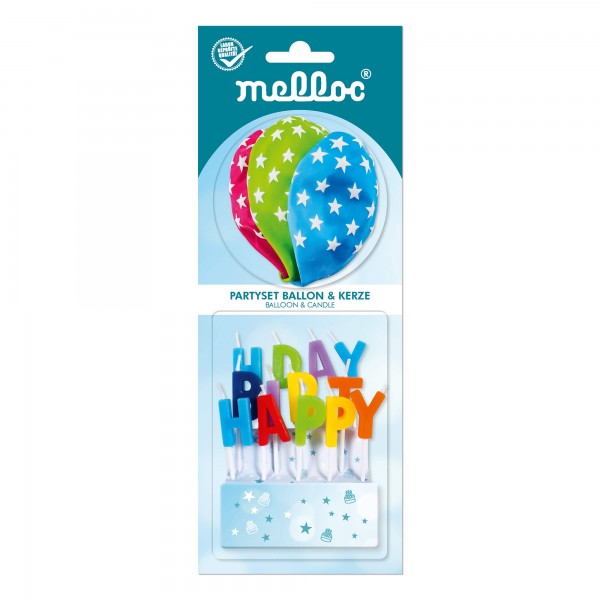 Motivkerze Happy Birthday Stars und Ballons